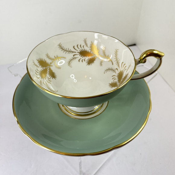 Sage Green Pedestal with Gold Leaf Design Aynsley Tea Cup and Saucer Set - Picture 2 of 13